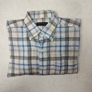 Bullock & Jones Shirt Mens Large Blue Plaid Linen Button-Up Made In Italy